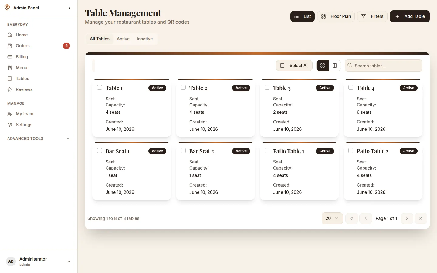 Menu and tables you control