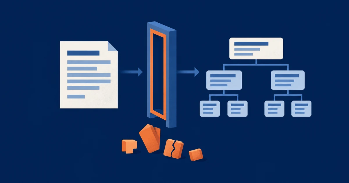 Illustration of a paper invoice passing through a validation gate and emerging as a structured data tree, with rejected broken blocks lying below the gate