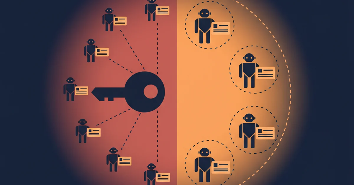 Conceptual diagram of an AI agent with a scoped, short-lived identity token separate from a human user's credentials