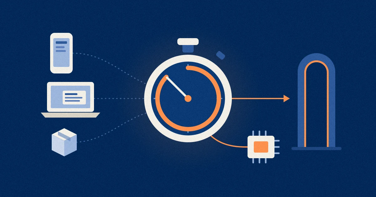 Illustration einer Stoppuhr im Zentrum einer Produktlandkarte, die ein Smartphone, einen Desktop-Agenten, ein Installationspaket und einen Gerätechip verbindet; eine einzelne Alarmlinie führt zu einem Meldeportal